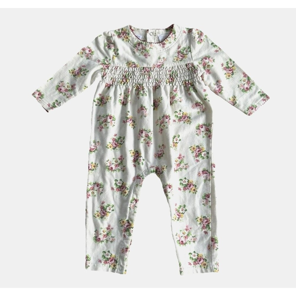 Vtg 90s Toddler Girl 24M One Piece Bubble Romper Outfit Floral Smocked - Picture 2 of 7